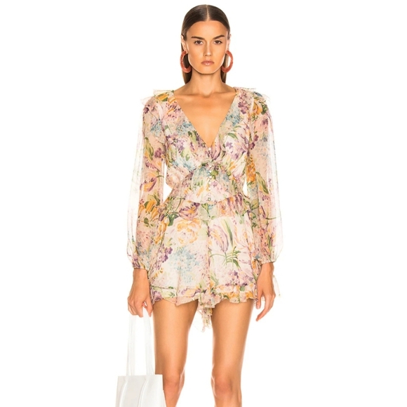 Zimmermann Pants - Zimmerman Playsuit Ninty Six‎ Cream Floral Silk Ruffle